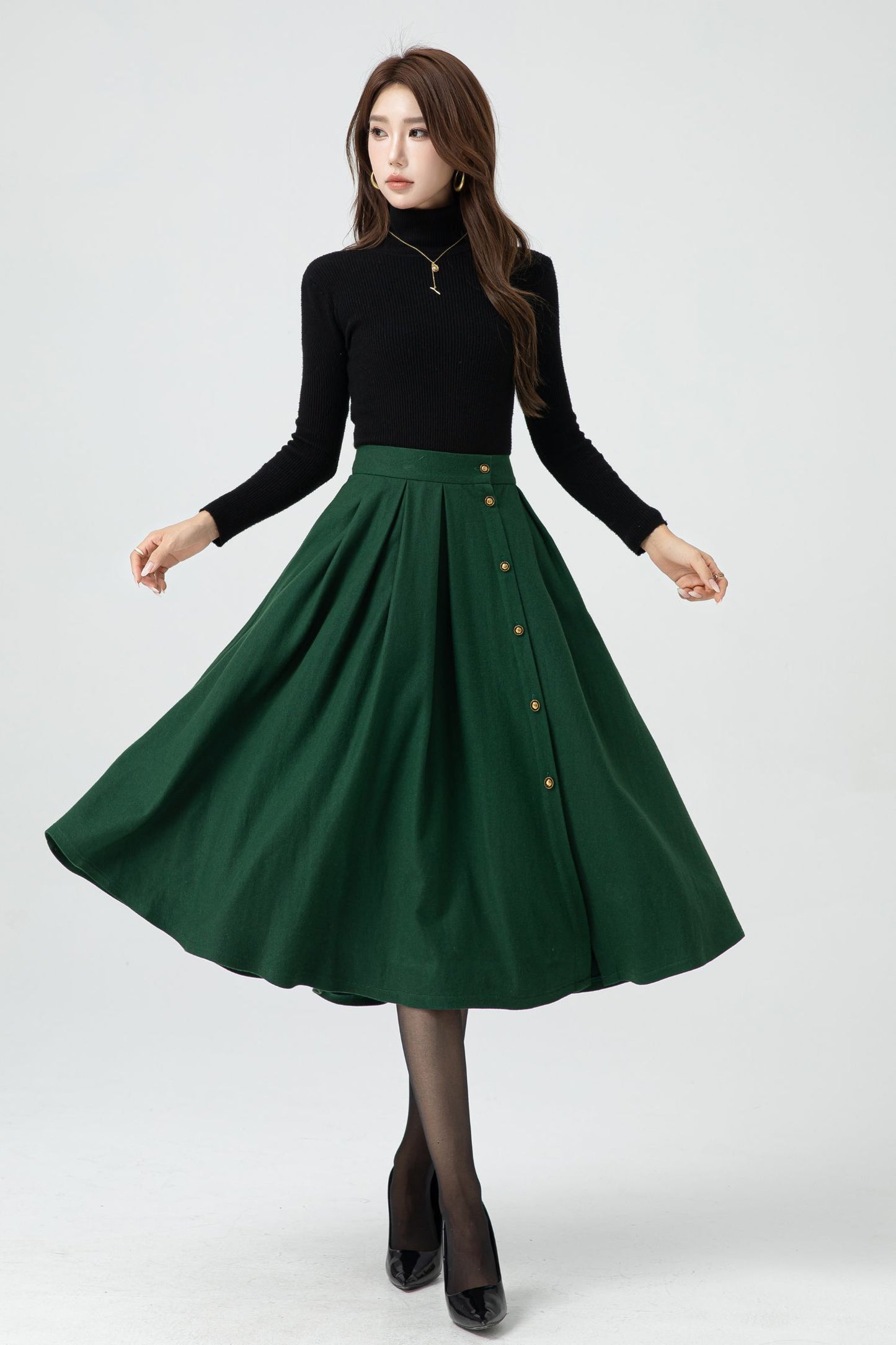 Button front green midi wool skirt 5322