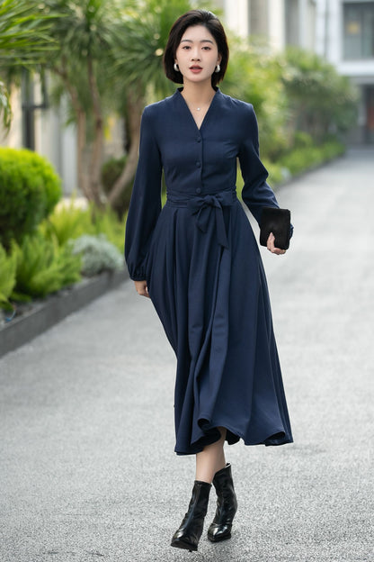 Handmade Navy Blue Button-Front Midi Dress – Vintage Long Sleeve Swing Dress 6659 -Size XS #CK2600029