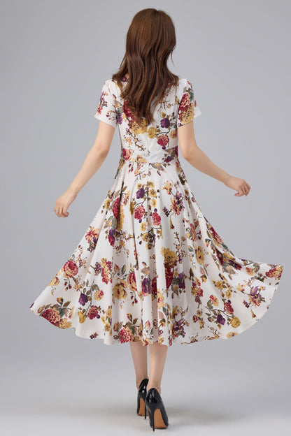 Floral Linen Cotton Midi Dress - Flattering Waist, A-line Swing | Xiaolizi 6762