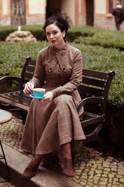 Brown Wool Plaid Dress - 1950s Fit & Flare Knee Length | Xiaolizi 2448