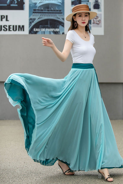 Blue Long Chiffon Maxi Skirt Women 4270