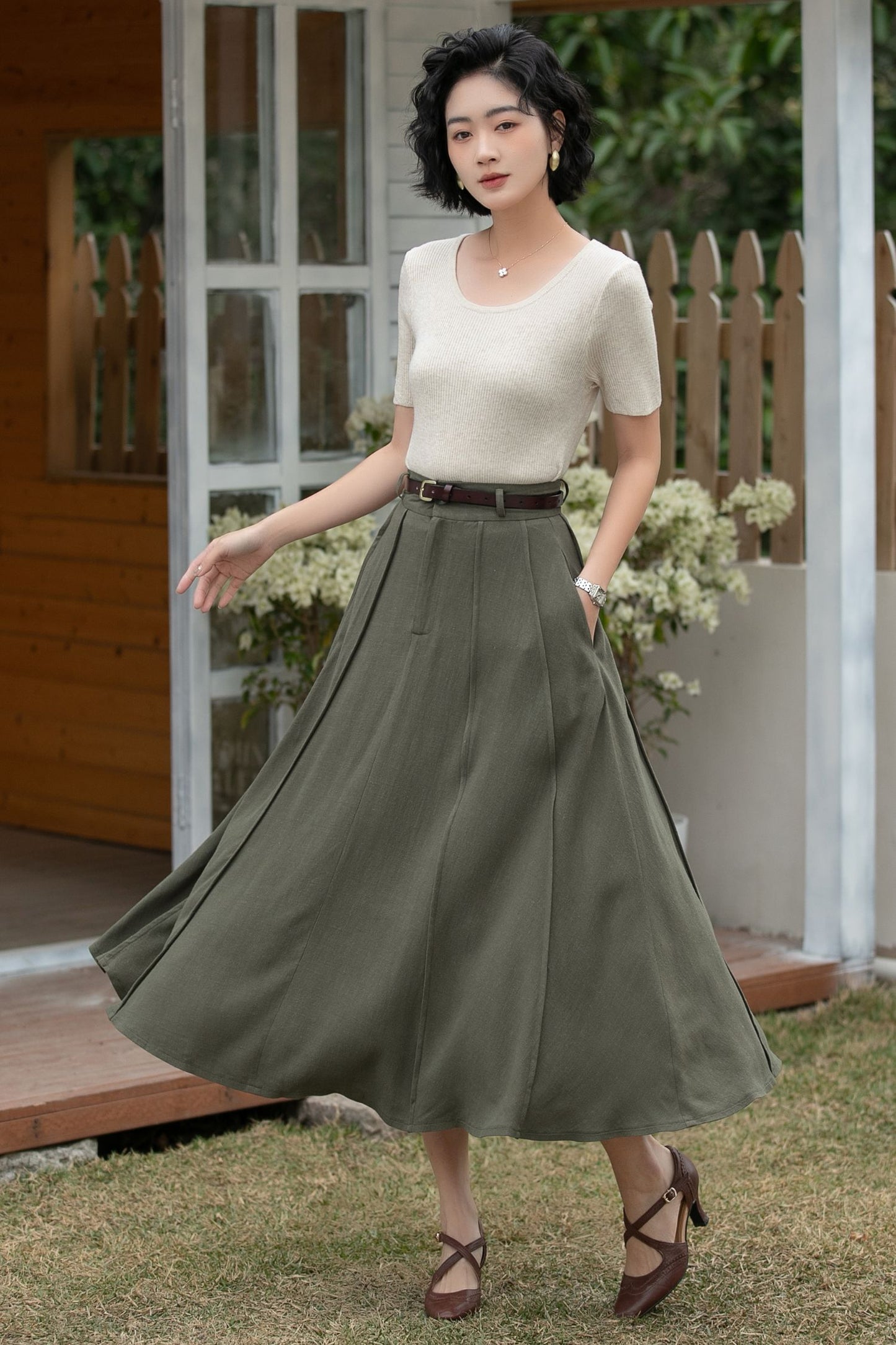 Xiaolizi Olive Green Linen Midi Skirt – Vintage High Waist A-Line 6696