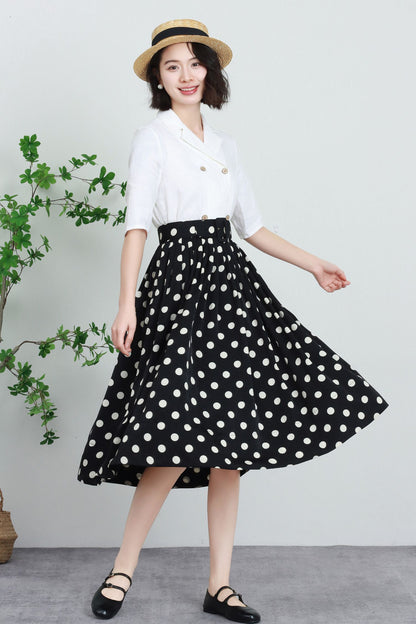 Black & White Polka Dot Polyester Midi Skirt - High-Waisted Pleated A-Line 5739