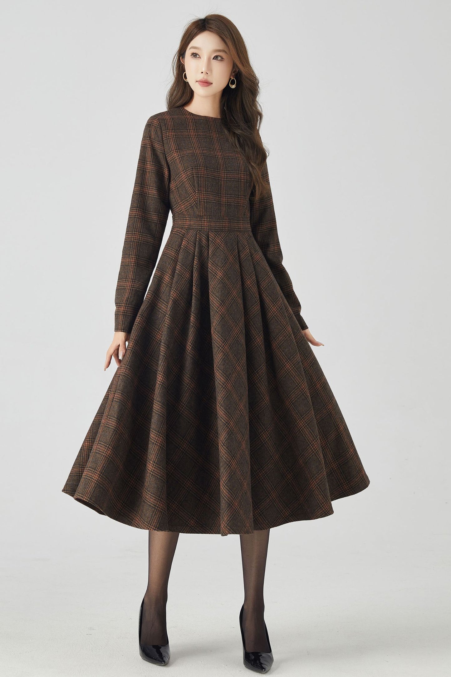 Long Sleeve Plaid Midi Wool Dress 4523