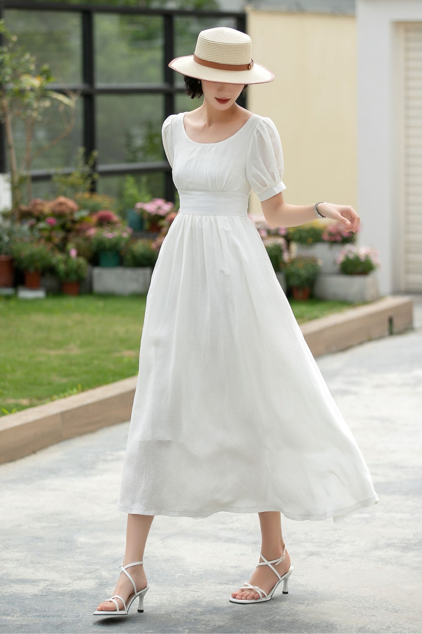 White Linen Midi swing Wedding Dress 5983