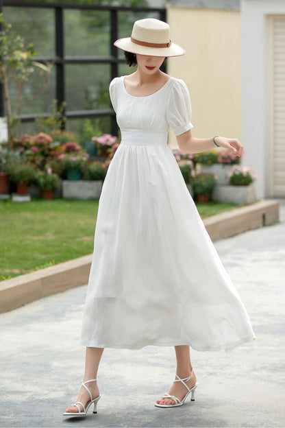 White Linen Midi Dress - Puff Sleeve, Empire Waist Swing 5983