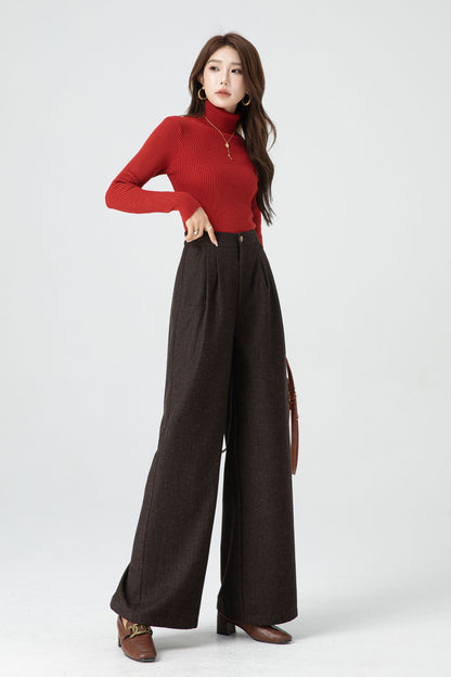 Brown Wool Wide Leg Pants - Soft Lined Winter Essential 5318