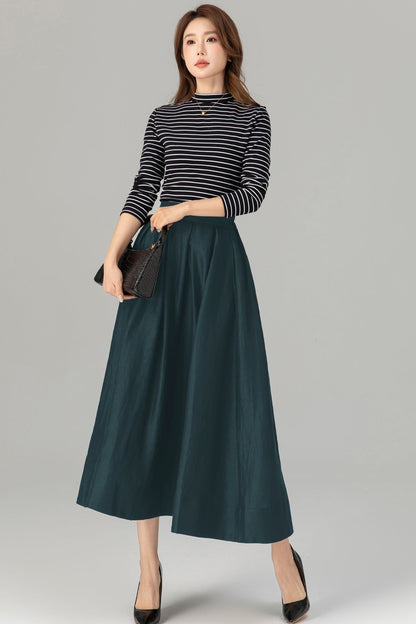 Dark Green Linen Midi Skirt - Pleated A-Line with Pockets 5724