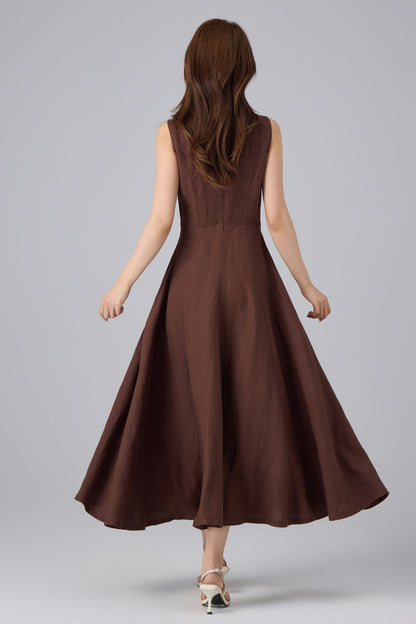Brown Linen Cotton Pinafore Dress - V-Neck Maxi | Xiaolizi 6757