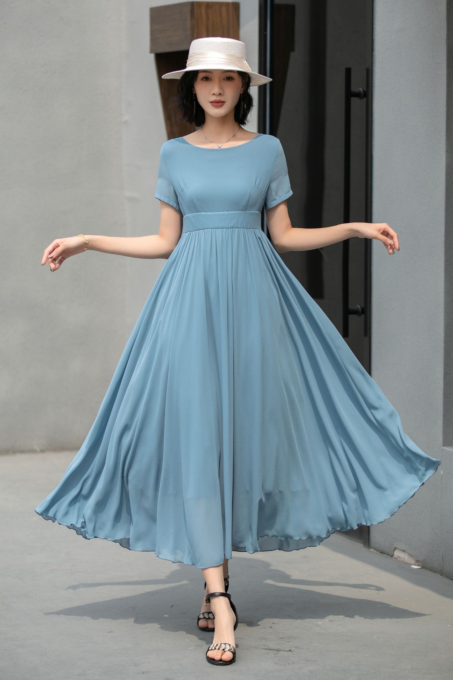 Hight waist Blue chiffon maxi dress 5862