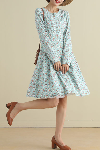 Floral Linen Knee-Length Dress - Long Sleeve, Round Neck 2795