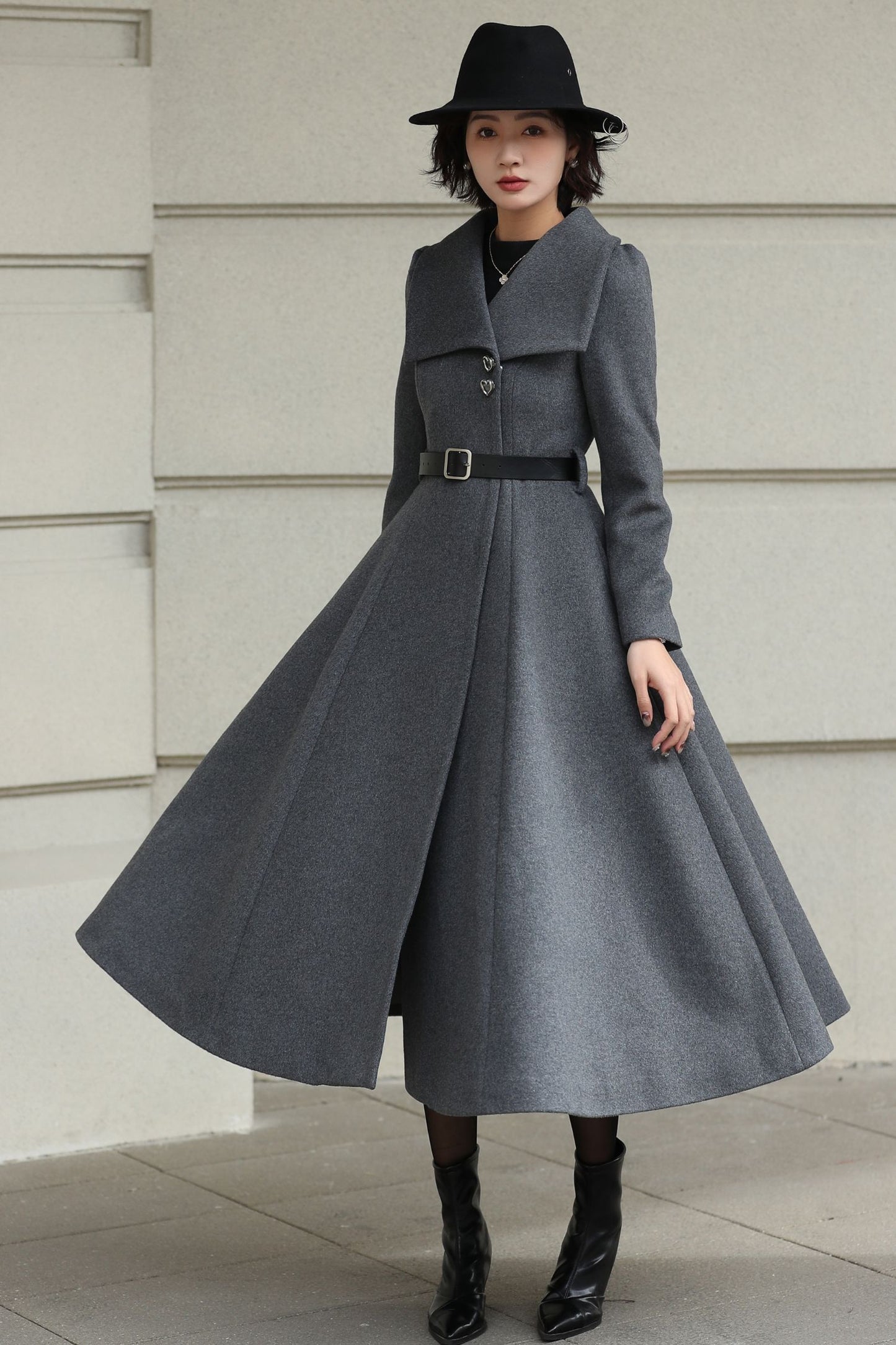 Handmade Vintage Wool Coat – Gray Fit and Flare Belted Midi Winter Coat 6617