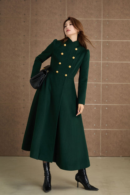 Green Wool Midi Coat - Fit and Flare Double Breasted Winter Outerwear 5368