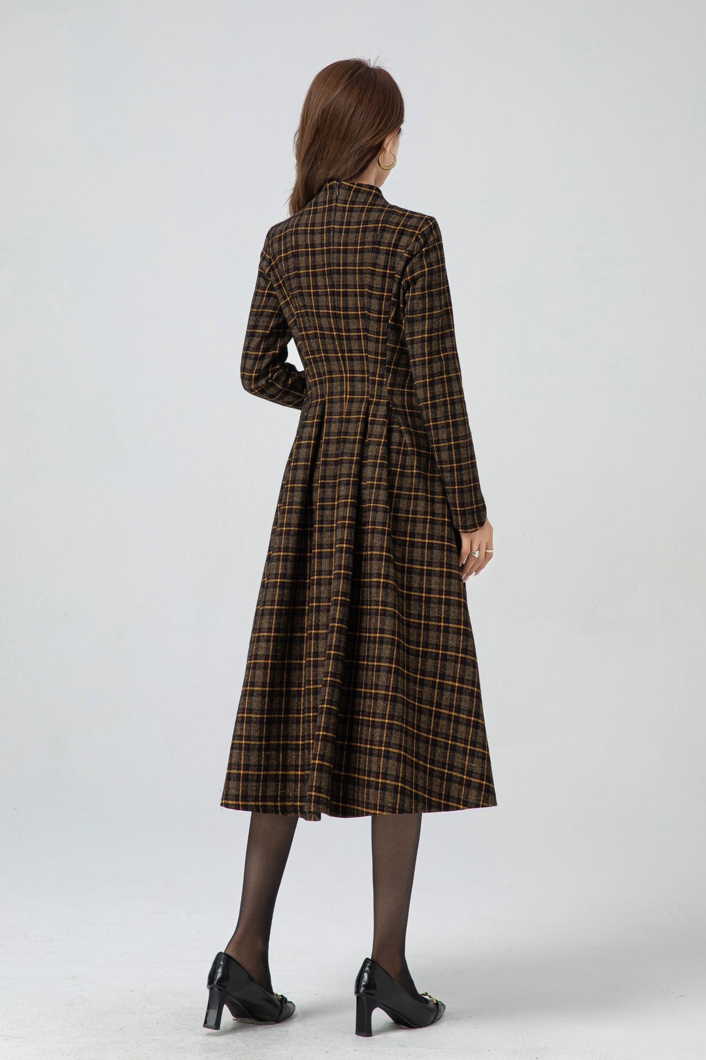 Retro plaid midi wool dress women 5302