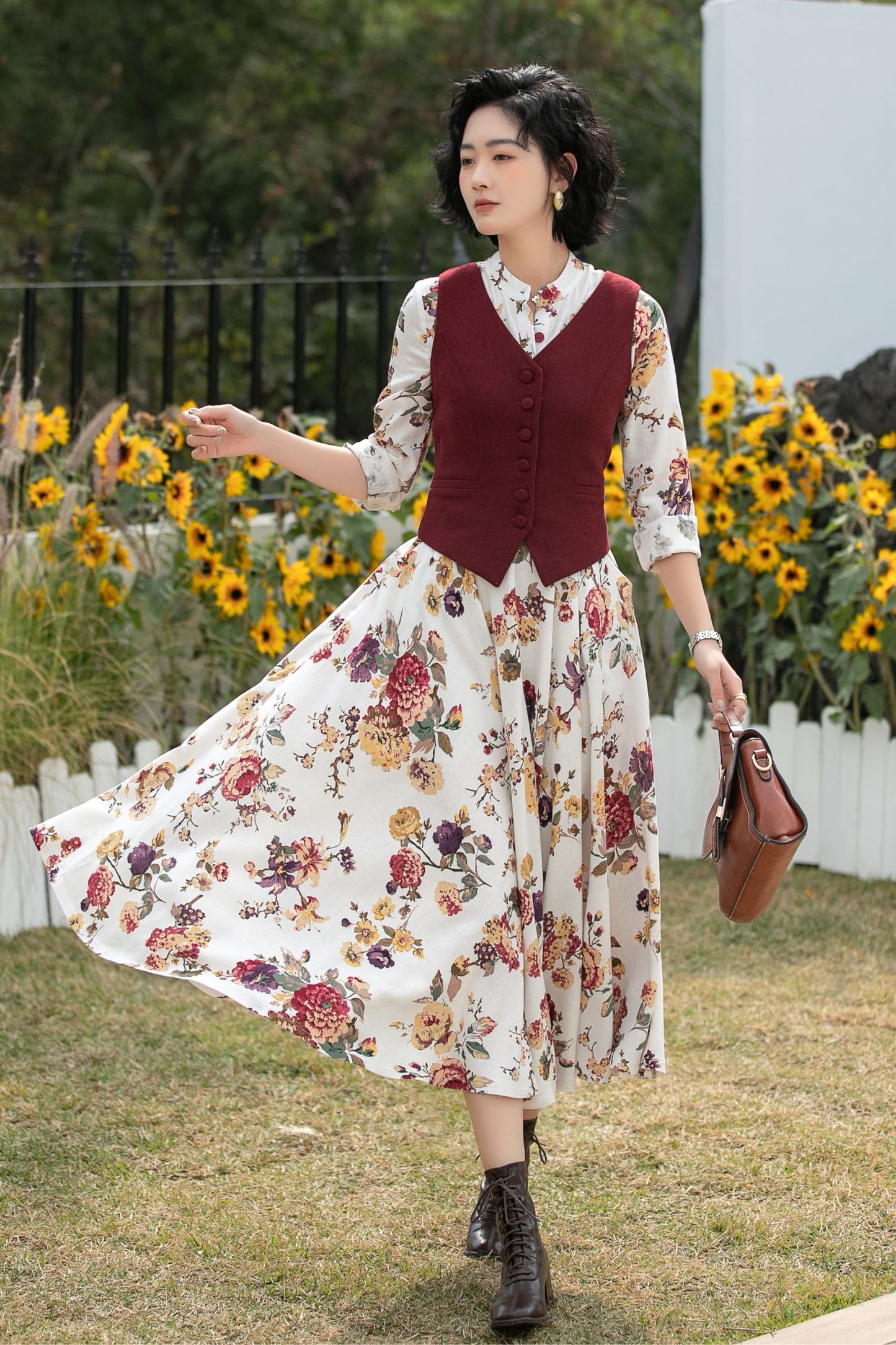Xiaolizi Floral Linen Midi Dress – Vintage Mandarin Collar Shirt Dress 6691