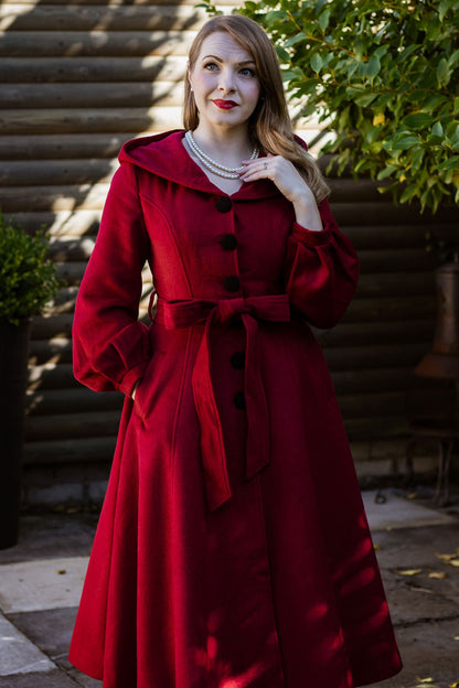 Red Wool Blend Hooded Coat - Lantern Sleeves & Tie Waist 3174
