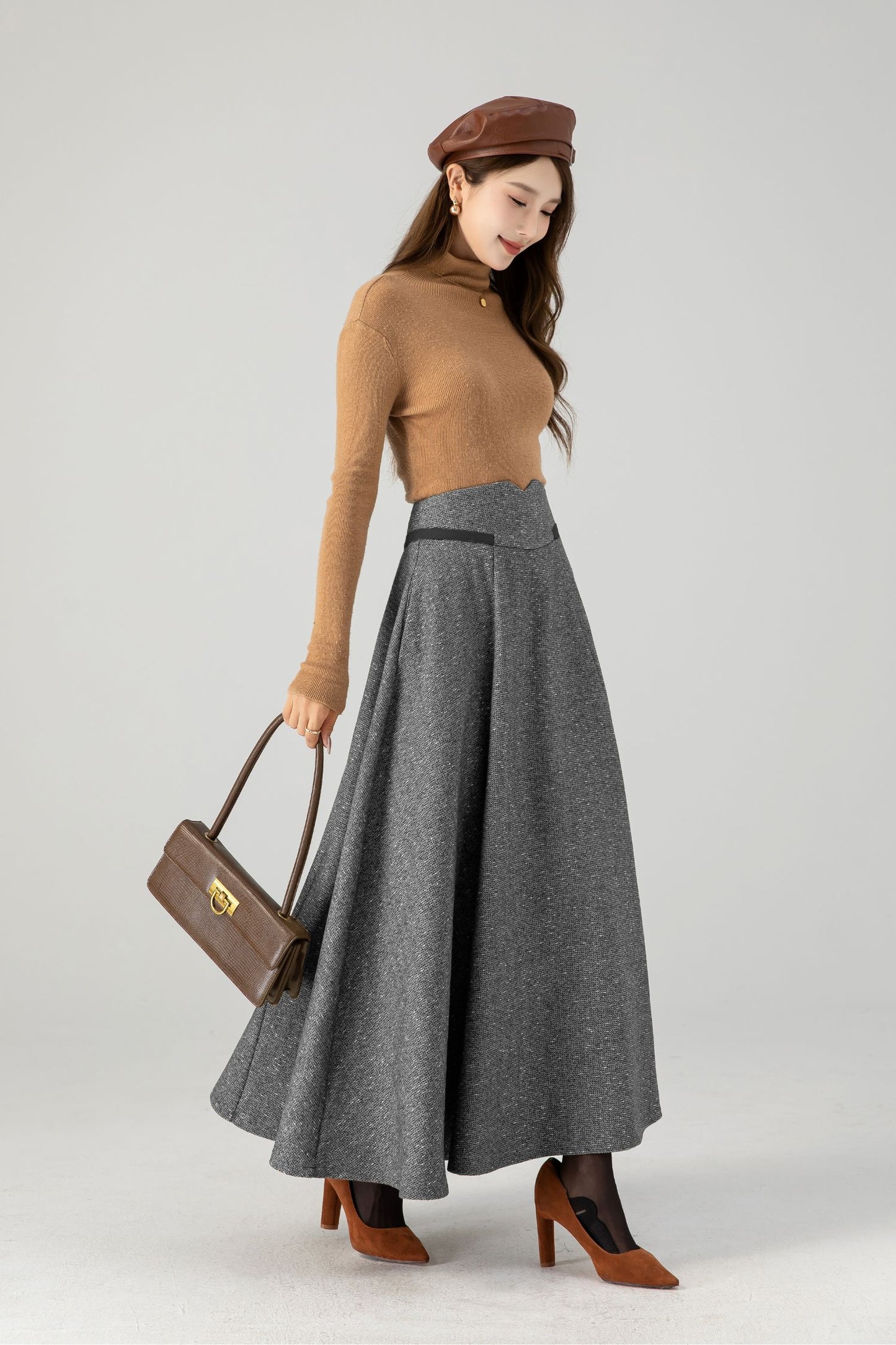 Grey Wool Blend Maxi Skirt With Flared A-Line Shape | Xiaolizi 5388