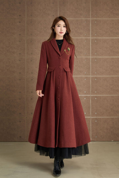 Red Brown Wool Fit and Flare Coat – Vintage Long Winter Wool Overcoat 5369