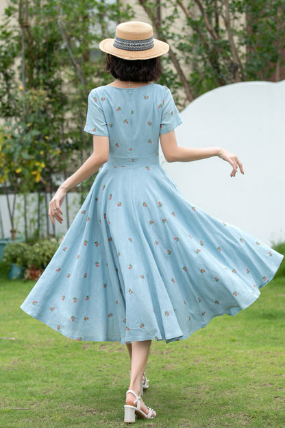 Blue Linen Cotton Fit and Flare Dress - Embroidered, Boat Neck 5204