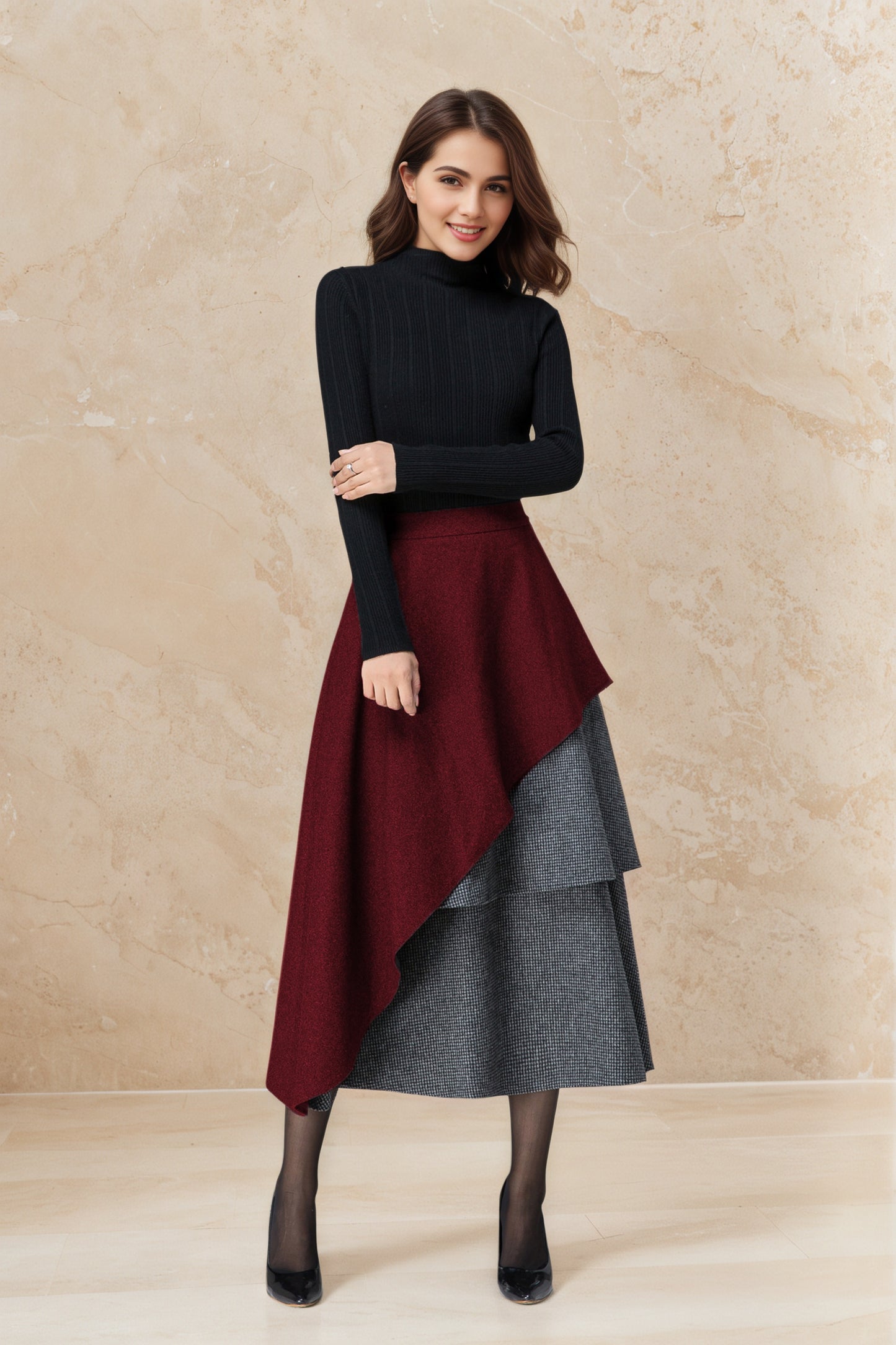 Vintage Wool Maxi Skirt Dark Red – Layered Houndstooth Detail – 6516