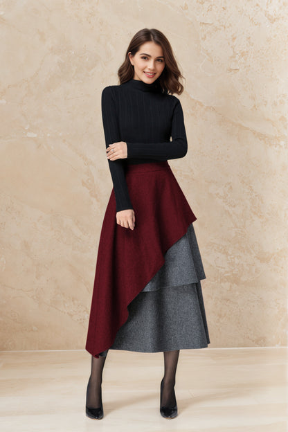 Vintage Wool Maxi Skirt Dark Red – Layered Houndstooth Detail – 6516