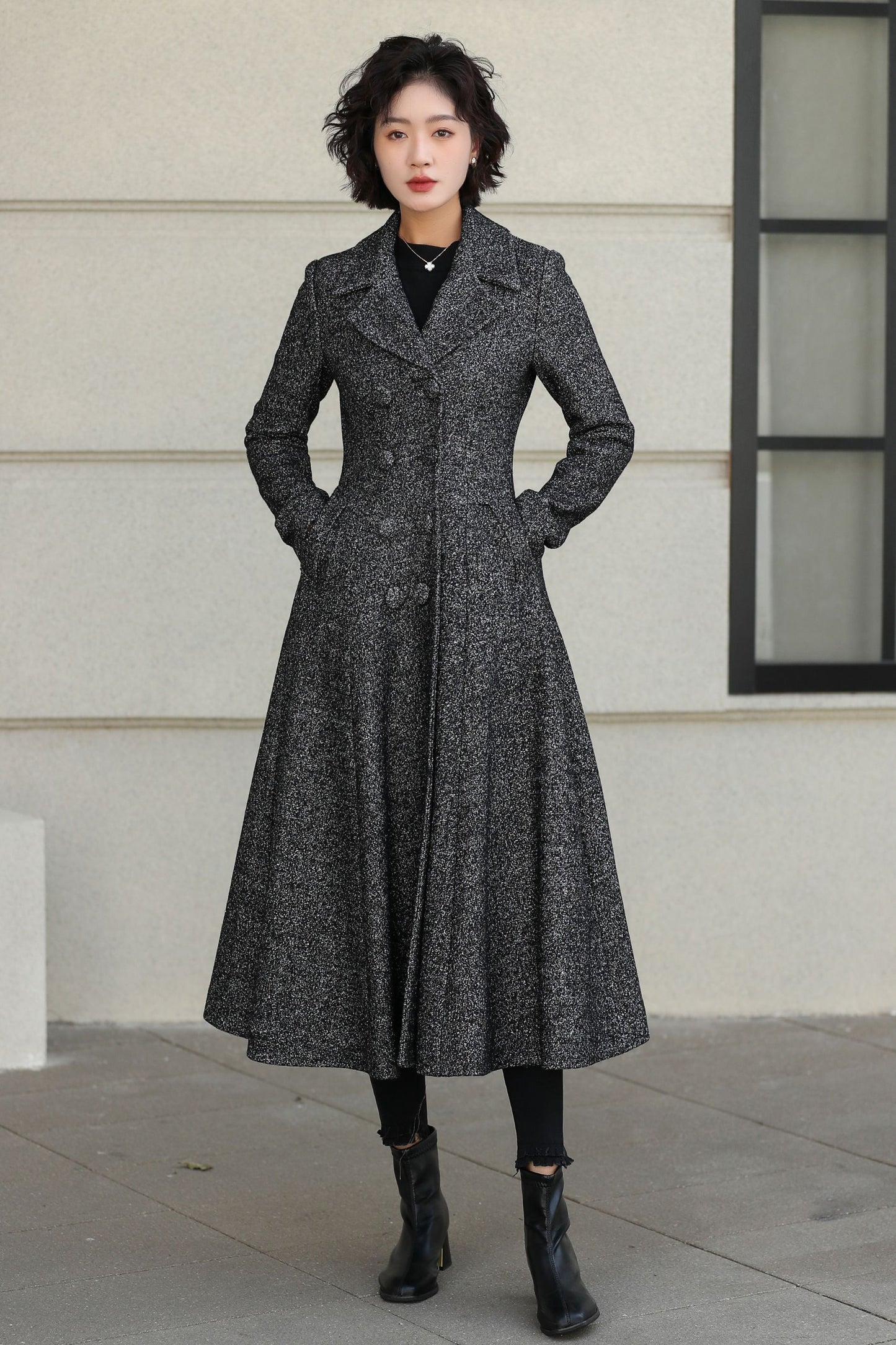Long Wool Swing Coat – Vintage 1950s Double Breasted Overcoat 6528