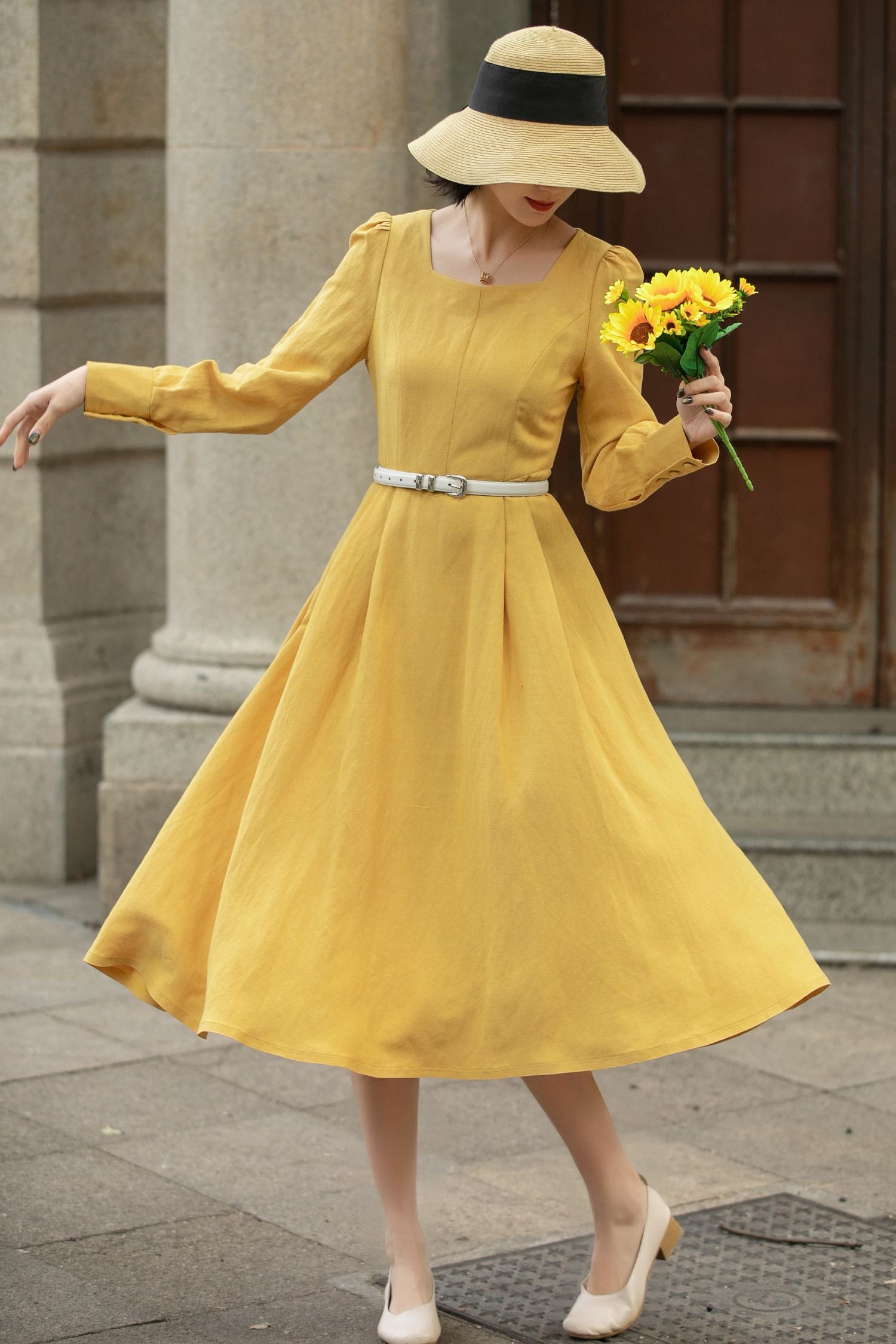Yellow Linen A-Line Dress - Pleated Waist, Square Neck 5679