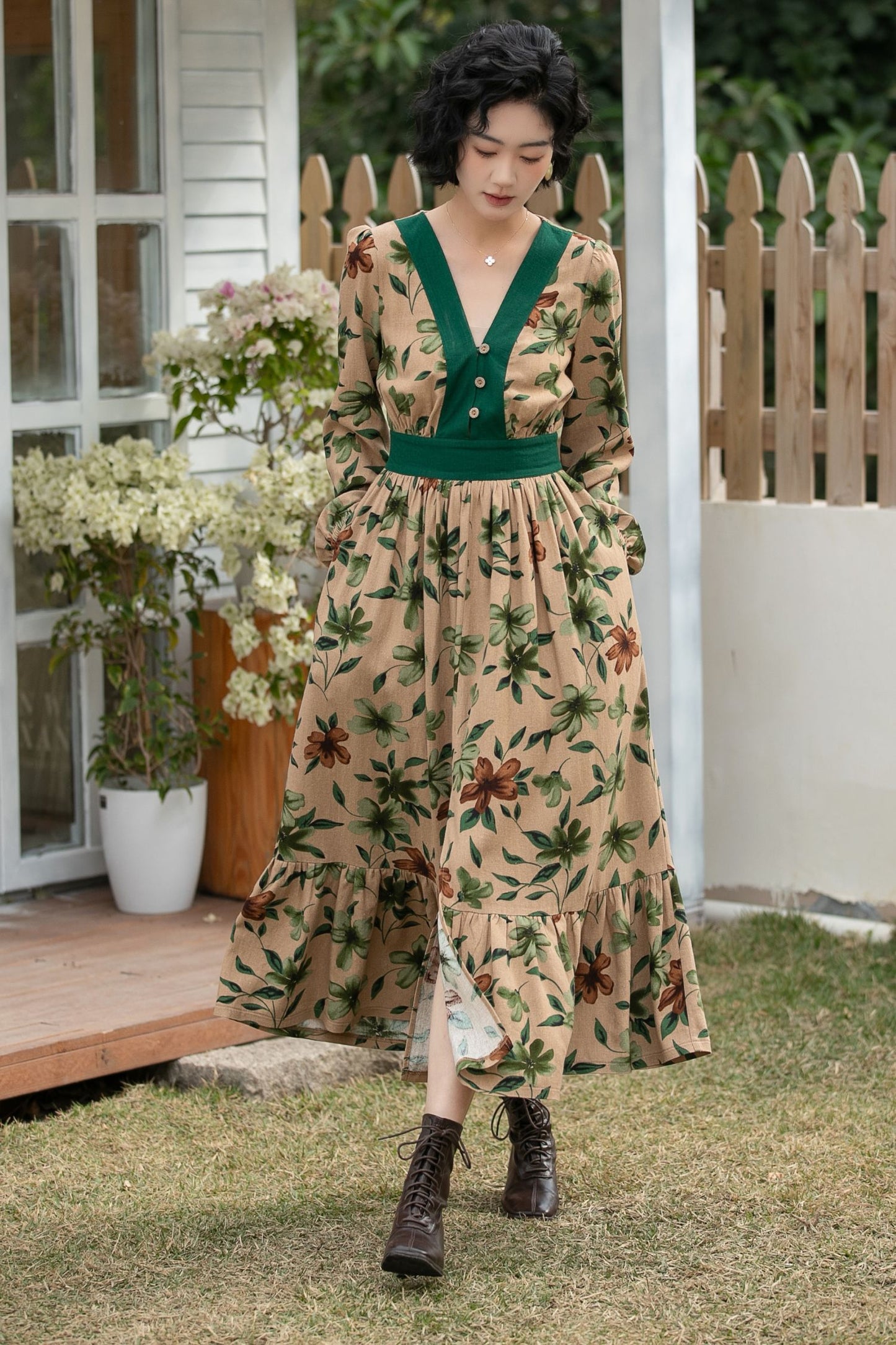 Xiaolizi Boho Linen Midi Dress – Vintage Contrast V Neck 6693