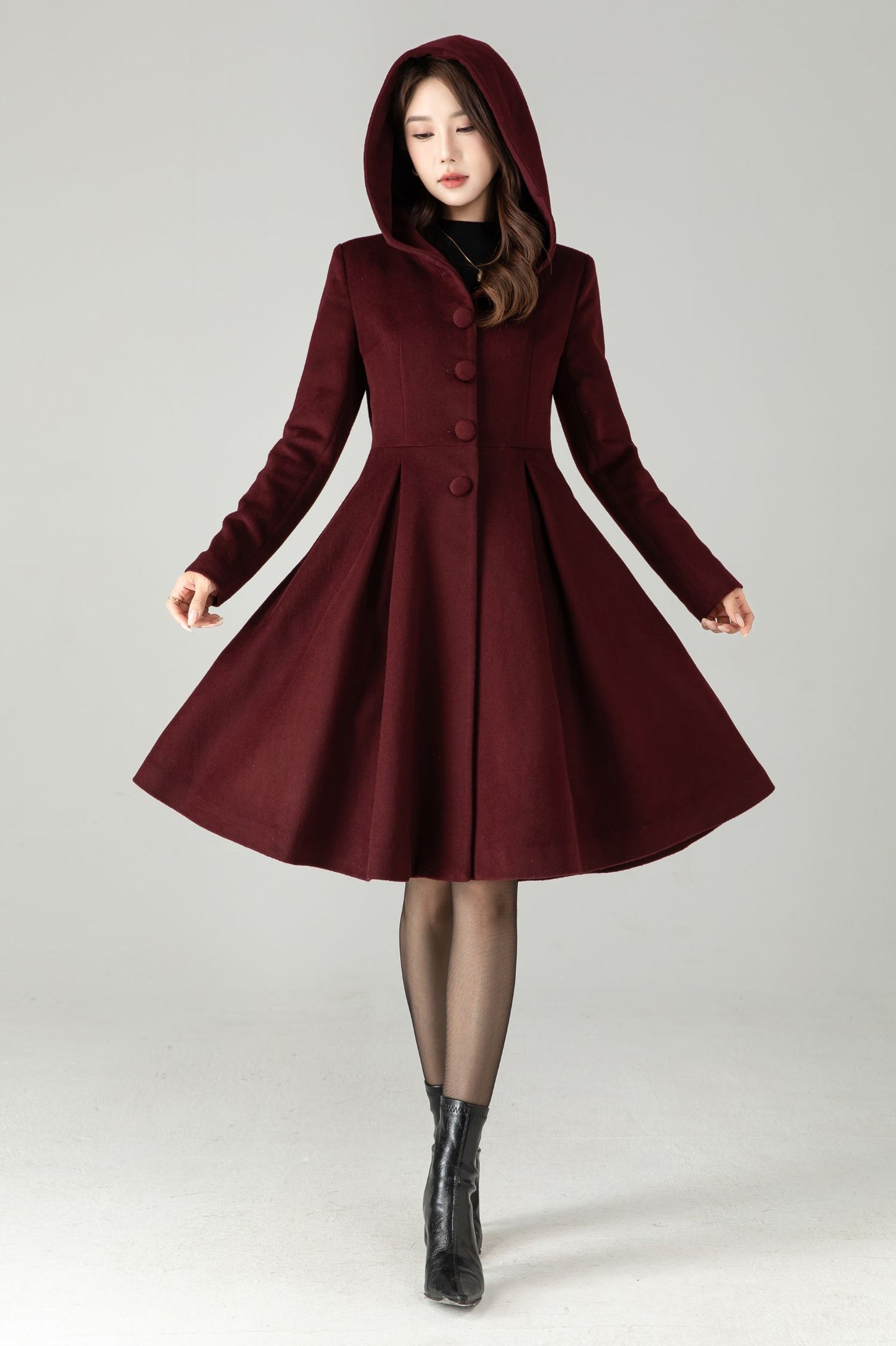 Hooded Burgundy Wool Coat – Vintage Fit & Flare Short Winter Coat | Xiaolizi 6572