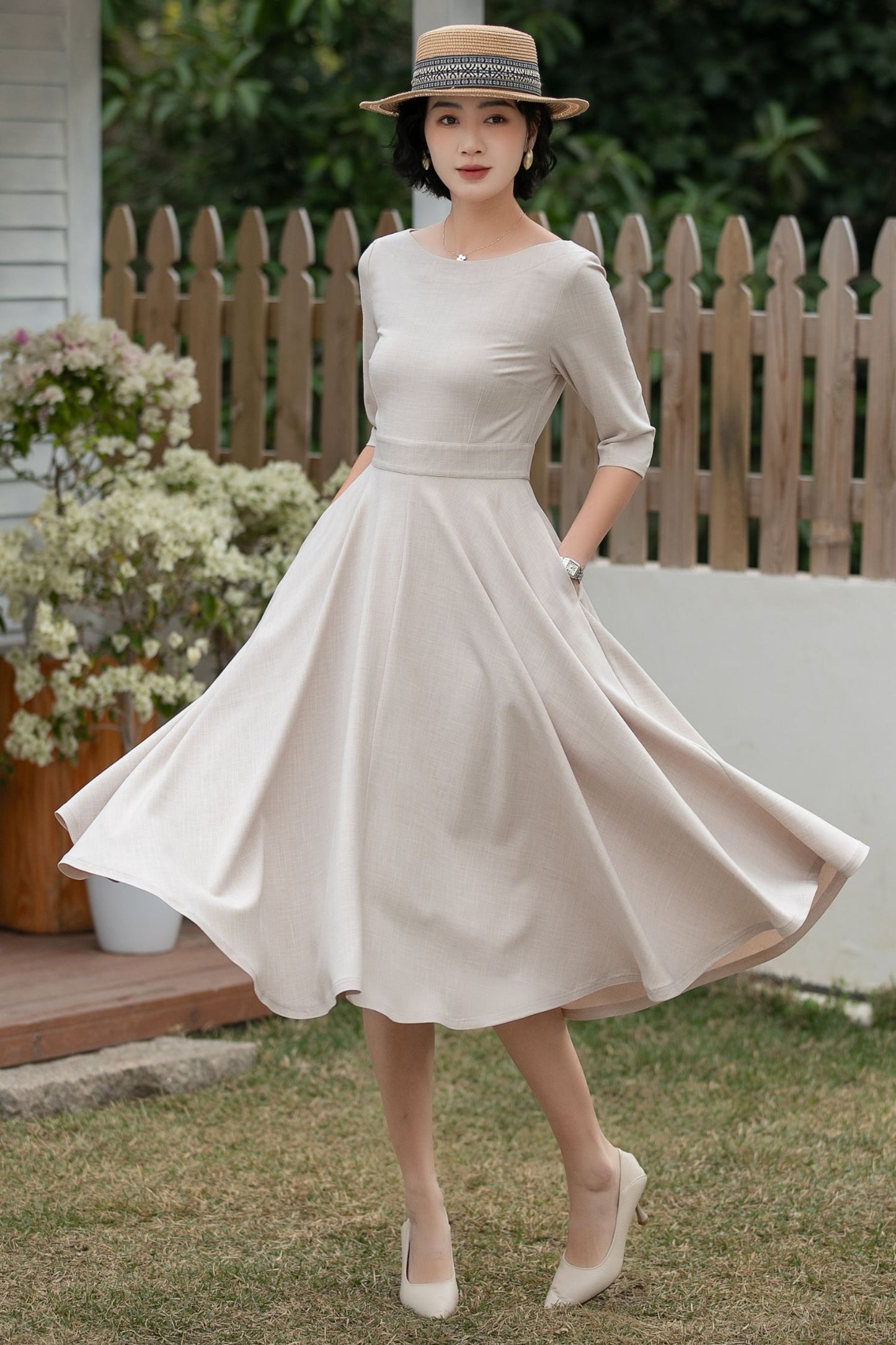 Beige Linen Midi Dress – Handmade Vintage A-Line Fit & Flare Dress with Pockets | Xiaolizi 6700 -Size XS #CK2600184