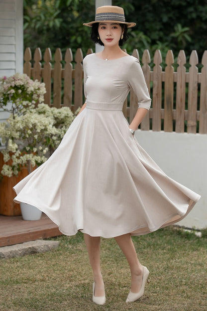 Beige Linen Midi Dress – Handmade Vintage A-Line Fit & Flare Dress with Pockets | Xiaolizi 6700 -Size XS #CK2600184