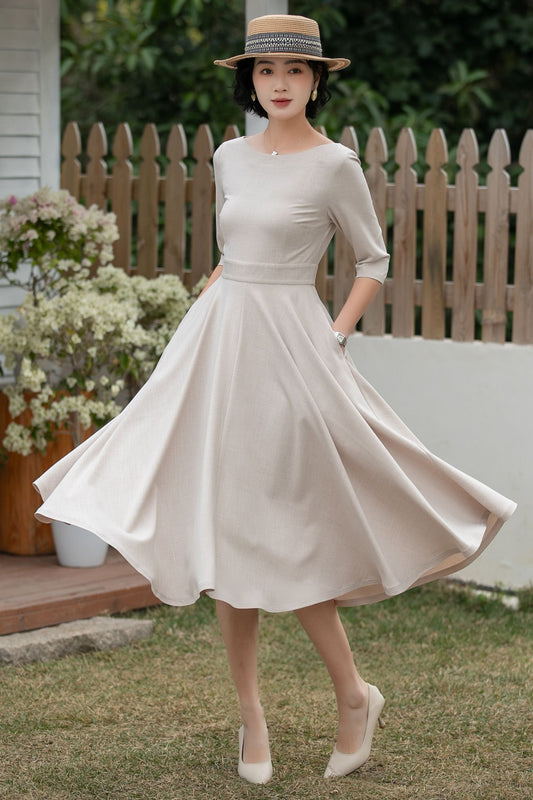 Beige Linen Midi Dress – Handmade Vintage A-Line Fit & Flare Dress with Pockets | Xiaolizi 6700