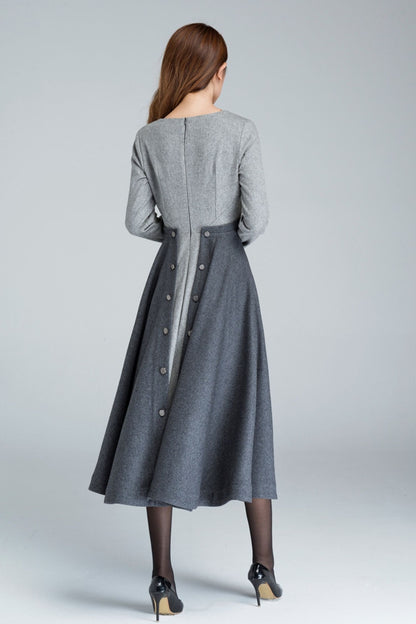Gray Wool Midi Dress - A-Line Square Neck | Xiaolizi 1615