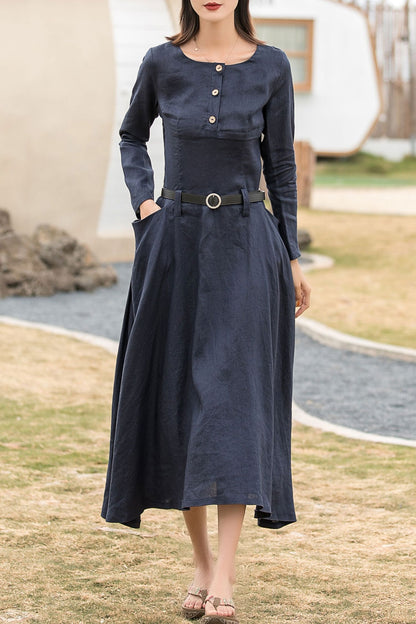 Long sleeves spring linen dress with pockets 2860