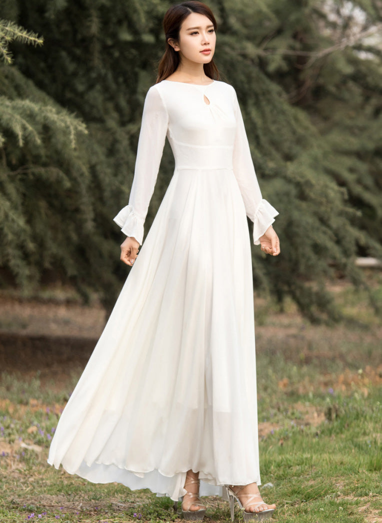 Elegant White Long Dress Flared Skirt & Keyhole Neckline 2622 Xiaolizi Elegant White Long Dress Flared Skirt & Keyhole Neckline 2622 Xiaolizi