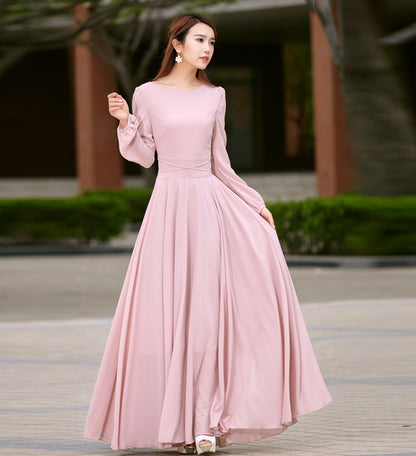 Pink Chiffon Maxi Dress - Long Sleeve Swing Silhouette 2623