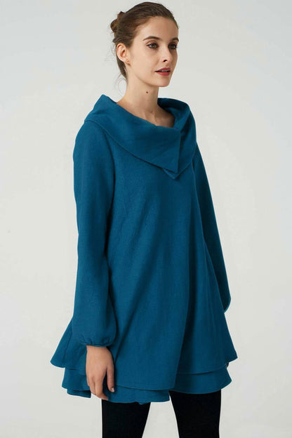 Teal Wool Tunic Dress - Oversized Fit with Asymmetrical Collar 5208