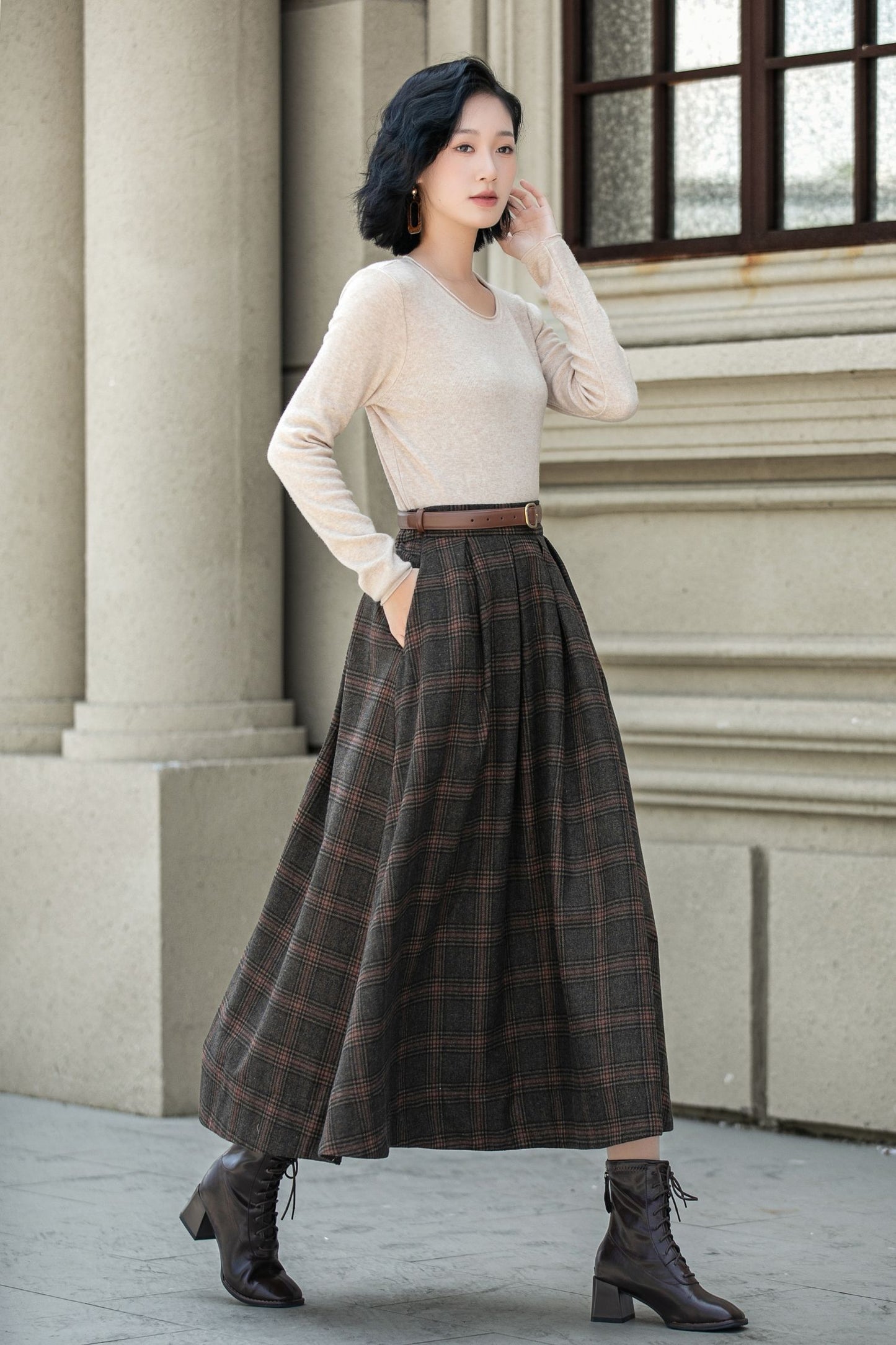 A line plaid midi winter wool skirt 5315