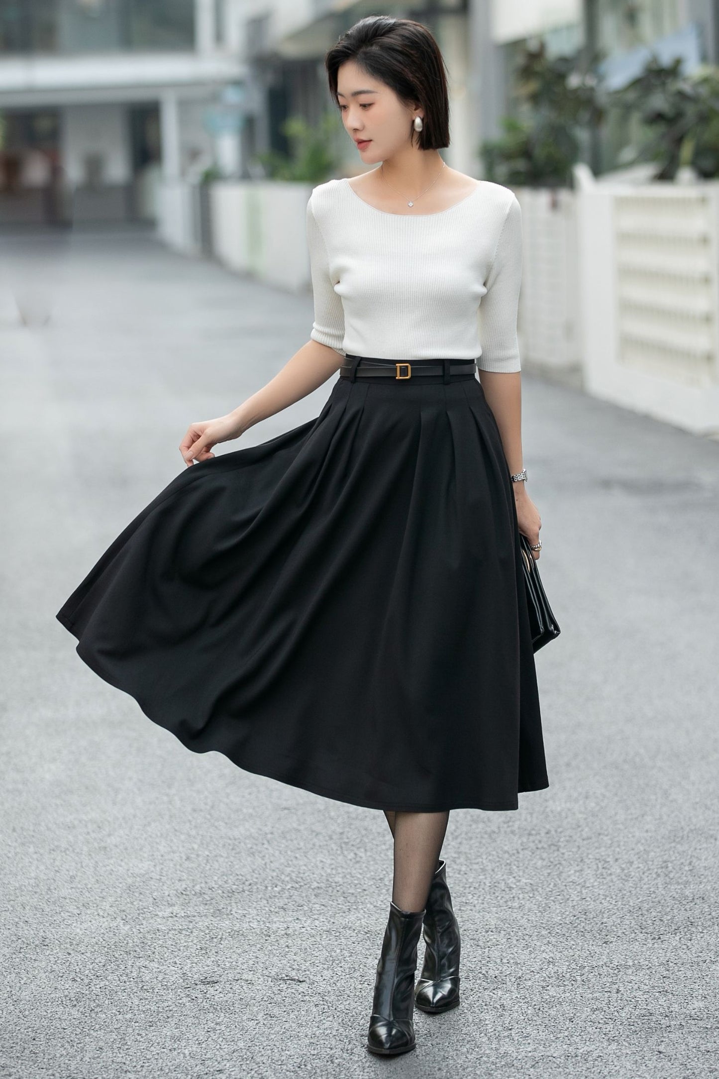 Handmade Black Pleated Midi Skirt – High Waist A-Line Office Skirt 6665 -size S #CK2600005