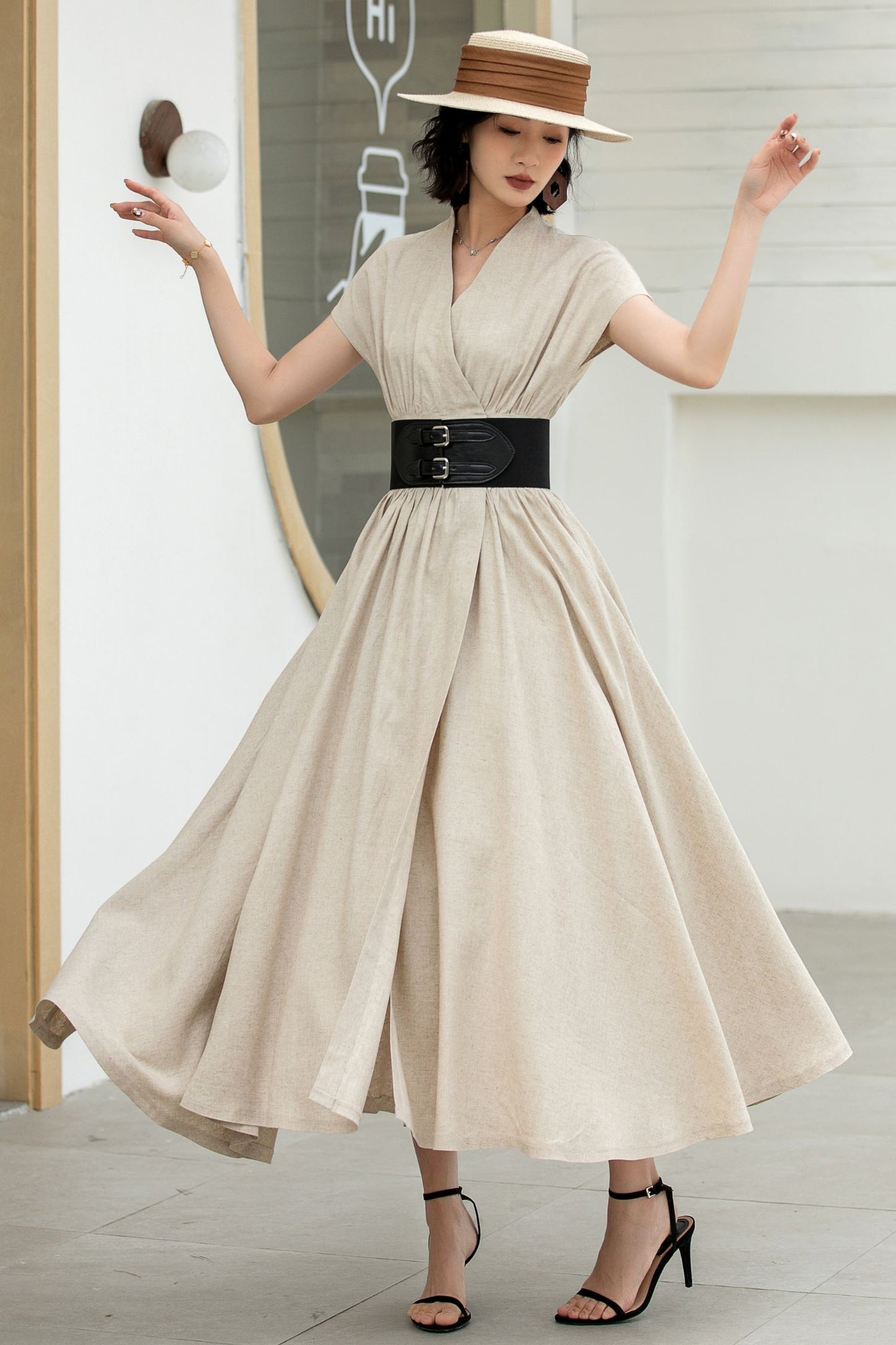 Beige Linen Wrap Dress – Short Sleeve Midi Dress with Belt & Pockets 5836