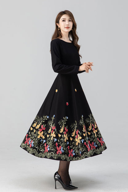 Black fit and flare embroidered dress 4663