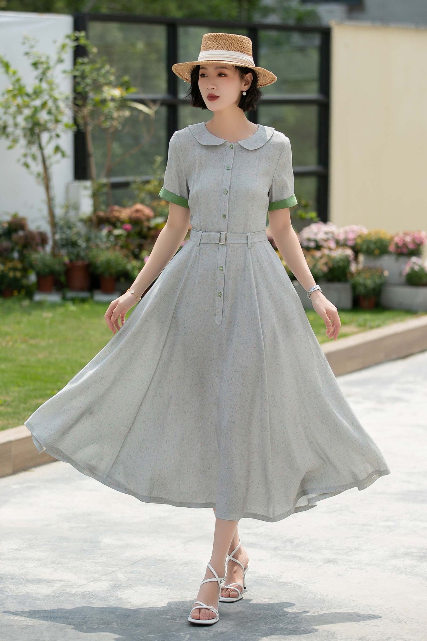 Grey midi Swing linen shirt Dress 5987 - S #CK2500324