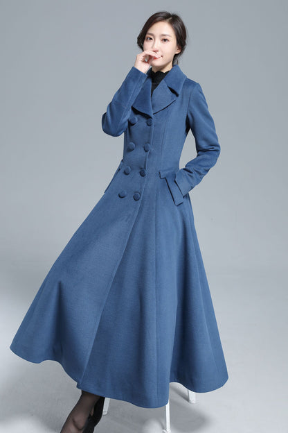 Blue Wool Maxi Coat - Vintage Inspired Fit & Flare Silhouette 3127