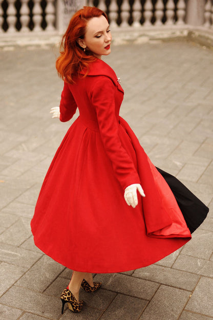 Elegant Red Wool Blend Coat – Handmade Fit & Flare Long Winter Coat | Xiaolizi 3189