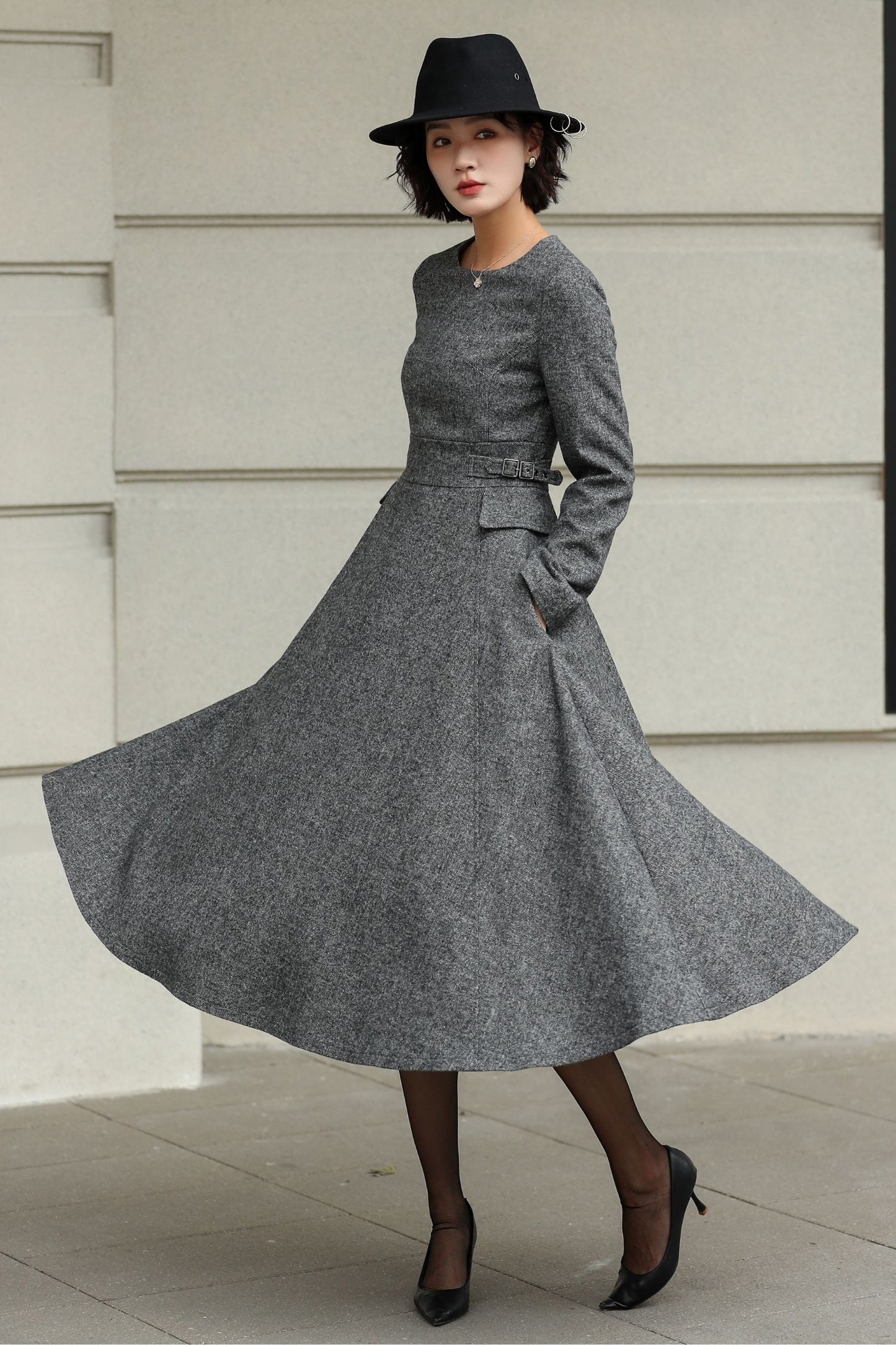 Classic Gray Fit And Flare Wool Dress 6530