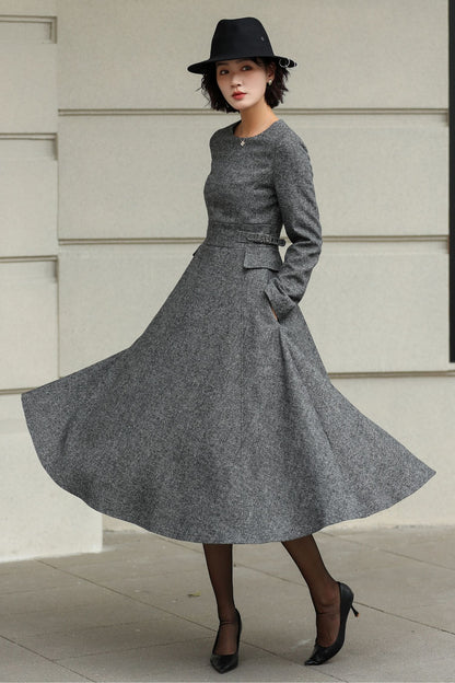 Classic Gray Fit And Flare Wool Dress 6530