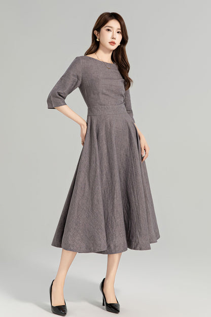 Taupe Grey Linen Swing Dress – Vintage Fit and Flare Midi Dress with Pockets 4961