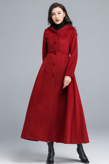 Red Wool Hooded Coat – Vintage Maxi Winter Overcoat for Women 2483