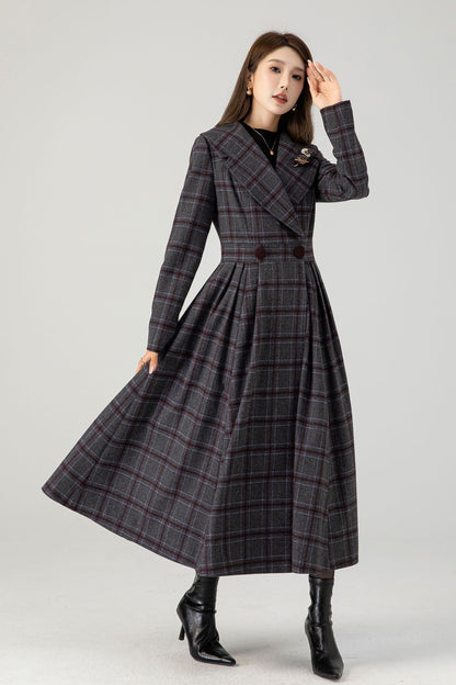 Handmade Plaid Wool Coat – Vintage Fit & Flare Double-Breasted Winter Overcoat | Xiaolizi 4607