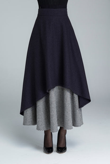Handmade Layered Wool Maxi Skirt – Burgundy Swing with Houndstooth | Xiaolizi 5328